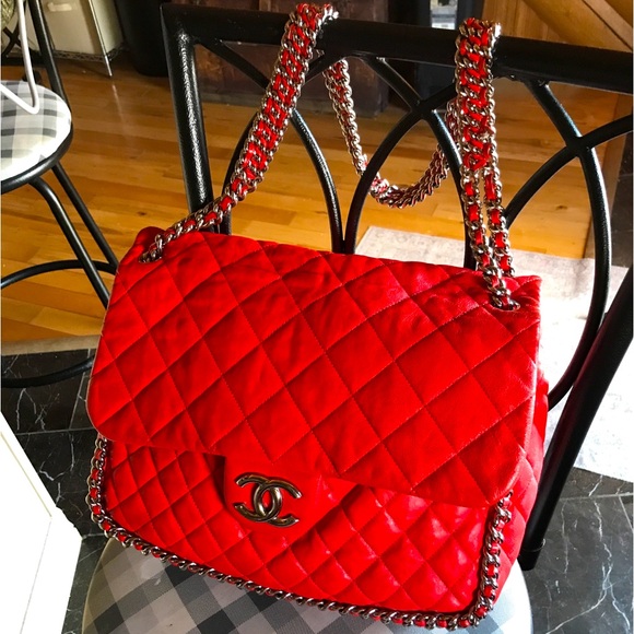 CHANEL Handbags - Chanel Maxi Flap Bag beautiful Quilted Red Lambskin Silver double chain with BOX